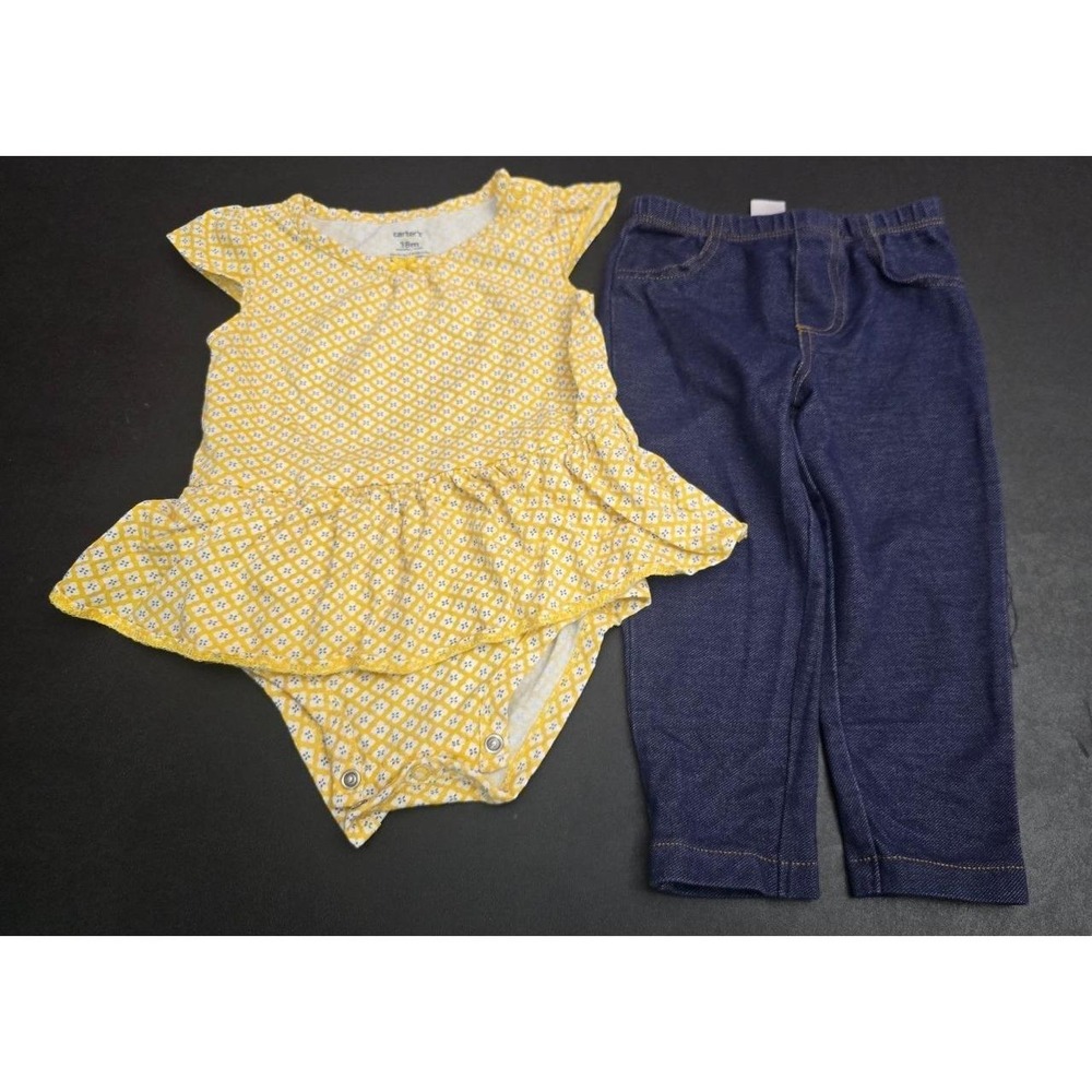 Carter's Baby Girl 2-Piece Yellow Geometric Peplum Bodysuit & Denim Jeggings